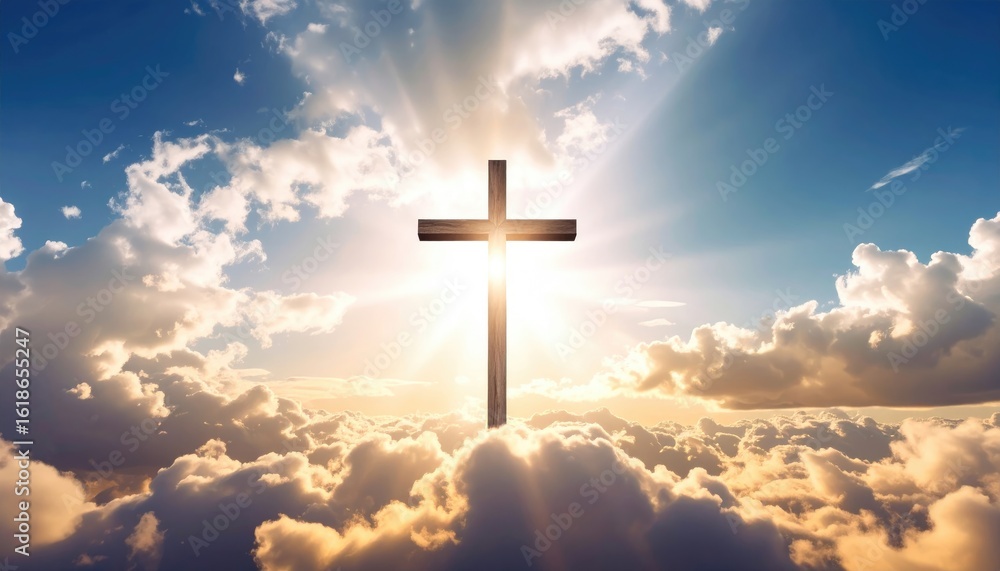 Bright Cross in Sky Surrounded by Heavenly Clouds and Sunlight Bright Cross in Sky Surrounded by Heavenly Clouds and Sunlight