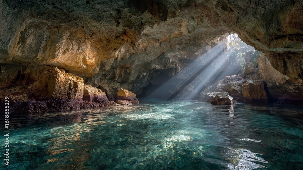 Naklejka premium Sunlight streams into a serene cave, illuminating tranquil waters and rugged rock formations.
