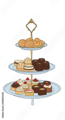 A delightful three tiered cake stand filled with an assortment of delicious pastries and sweet treats