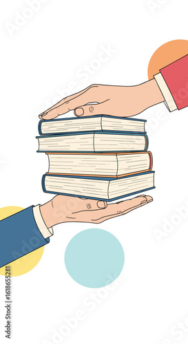 Two people exchanging a stack of books demonstrating the transfer of knowledge and the joy of sharing stories between individuals