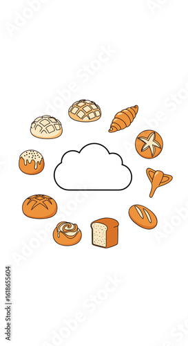 A diverse collection of freshly baked breads arranged around a central cloud illustration