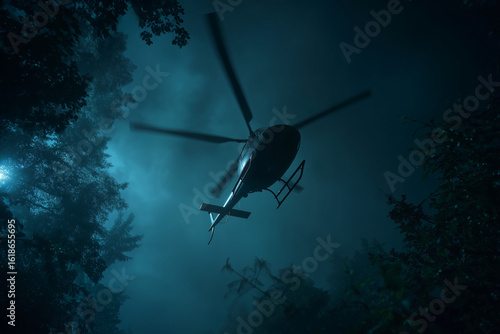 Ariel Shot of helicopter flying on forest cyclone midnight