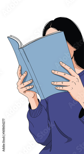A person concentrating deeply while reading an open blue book with dark hair and a purple sweater