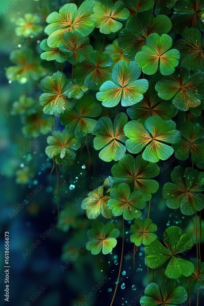 Obraz premium Beautiful vibrant green clovers with dew reflecting a serene natural atmosphere