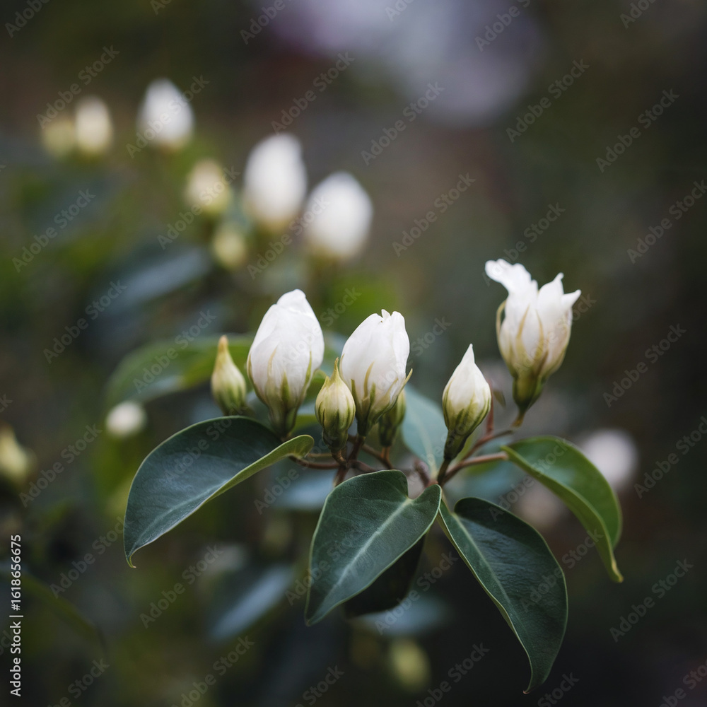 Fototapeta premium Delicate White Jasmine Buds and Green Leaves Soft Focus Background