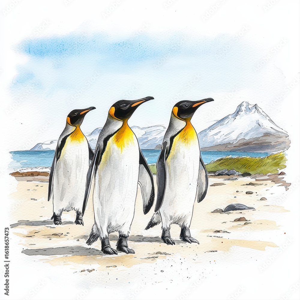Fototapeta premium Three majestic king penguins stroll along a pristine sandy beach at St Andrews Bay, their elegant gait reflecting the tranquil beauty of their Antarctic habitat under a clear sky.