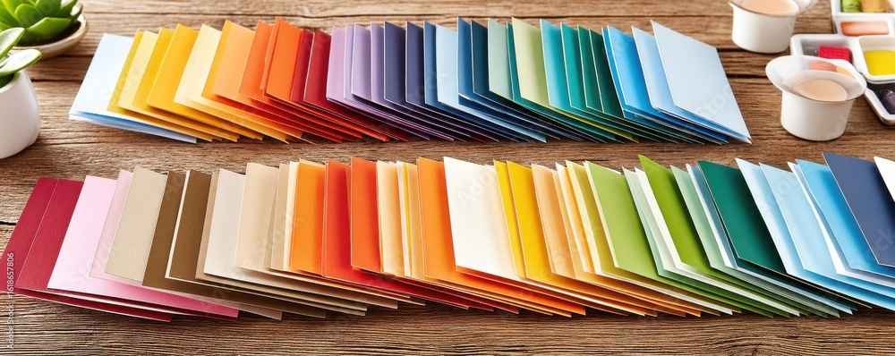 Fototapeta premium Colorful folded paper cards arranged in gradient order on wooden surface