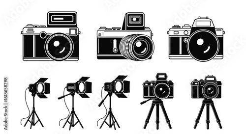 Vector illustration of collection of vintage and modern cameras, studio lighting equipment, and tripods, isolated on white background
