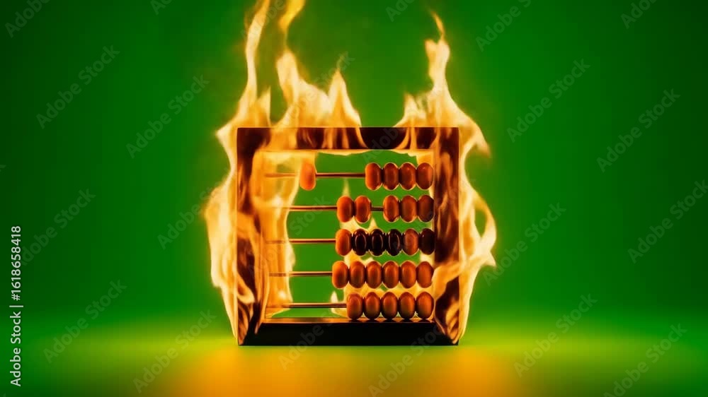 Flaming Abacus on Green Background - An artistic representation of an abacus engulfed in flames, set against a vibrant green backdrop.