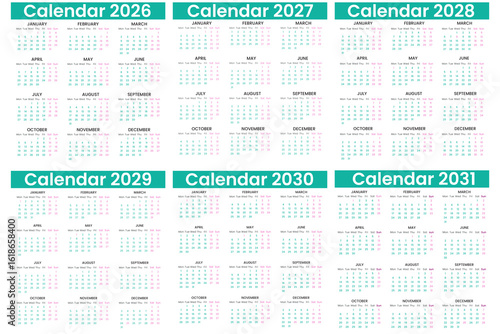 Vector calendar design 2026, 2027,2028,2029,2030, 2031 year. Calendar set template design for 2026, 2027,2028,2029,2030 and 2031 year. Monthly calendar year and week start on Monday. Editable font