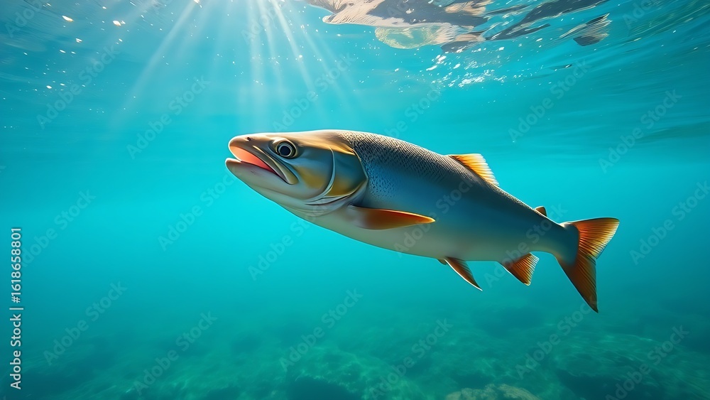 Naklejka premium A trout gliding through crystal-clear blue water, illuminated by sunbeams from above.