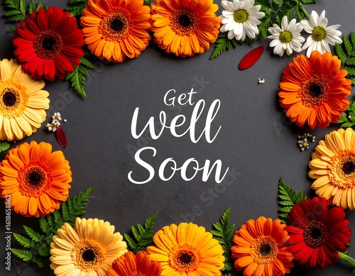 Flowers arranged in a circle around a get well soon message