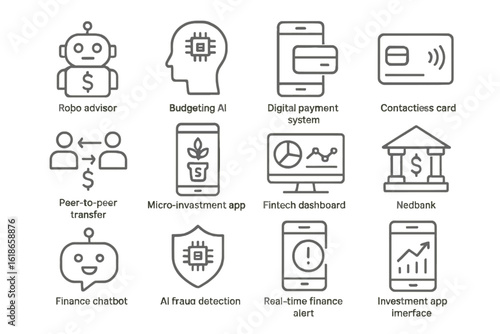 Financial technology icons: robo advisor, ai, digital payment, banking solutions