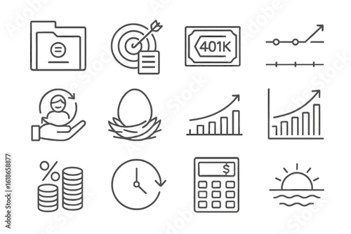 Financial investment icons: growth, savings, charts, nest egg, and more