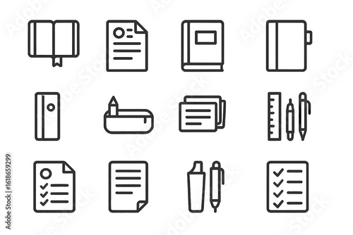 Outline icons of office supplies and documents on gradient background