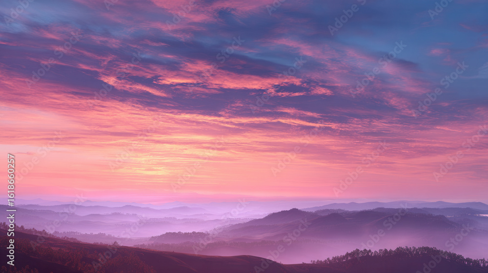 Fototapeta premium Enchanting sunrise over rolling hills with pastel sky and tranquil light creating a mesmerizing panoramic view