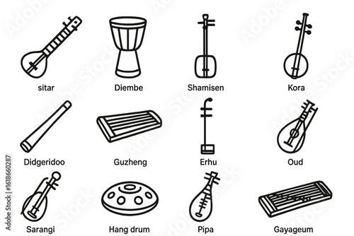 Collection of global musical instruments: sitar, kora, didgeridoo, guzheng, oud