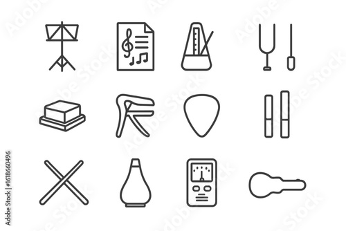 Vector icons of musical tools and accessories on dark background