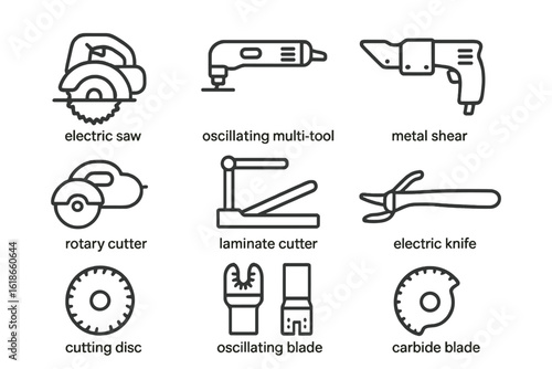 Line art: tool icons including saw, shear, cutter, knife, blade