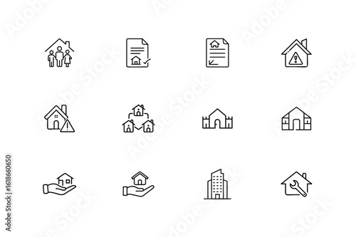 Collection outline icons representing real estate home services house family