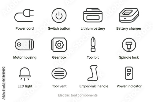 Electric tool components icons: switch, battery, charger, gear, handle