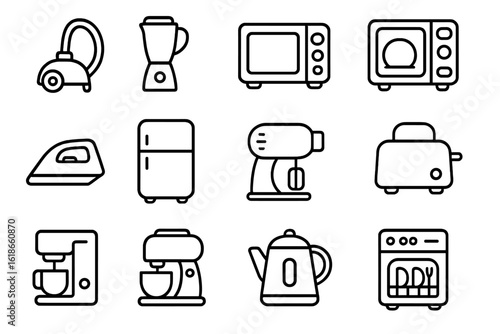 Black and white household appliances icons on dark background
