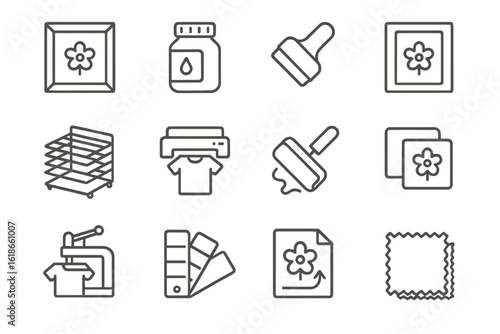 Icon set depicting various screen printing tools and equipment