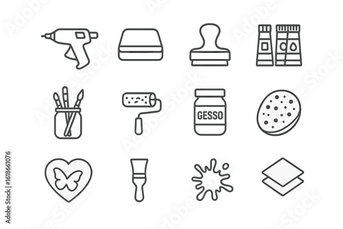 Art and craft tools icons - glue, paint, brush, roller, gesso