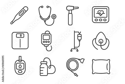 Set of stylized medical icons in gray tone design