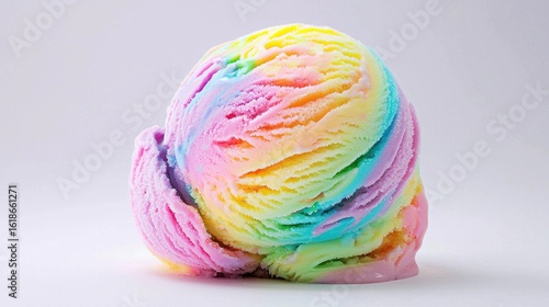 scoop of rainbow sherbet ice cream, isolated on white background, studio lighting, vibrant pastel colors swirled together, smooth texture, colorful