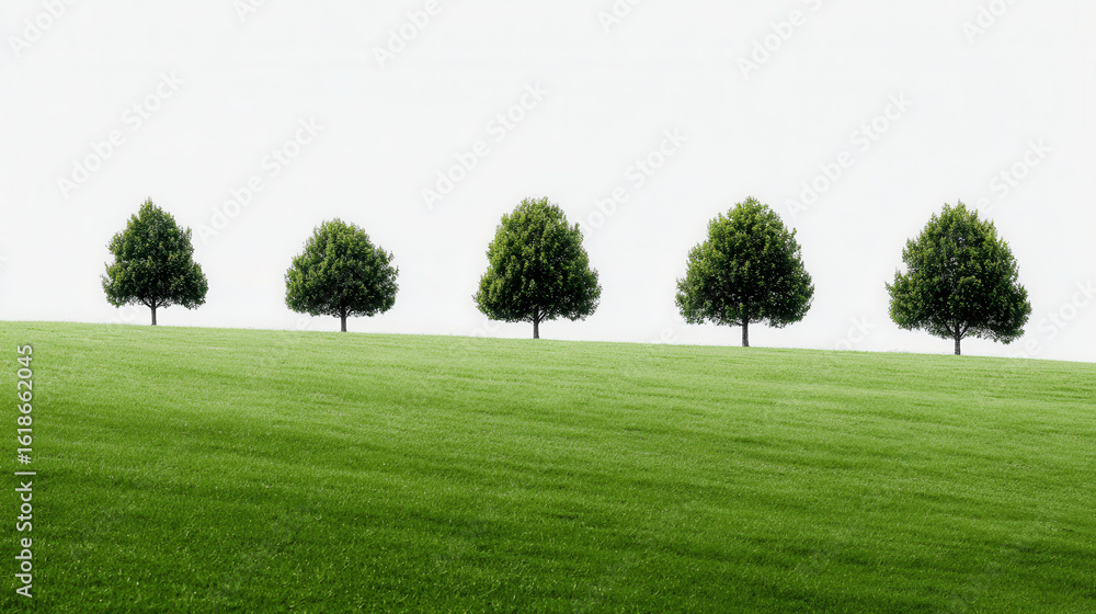 Fototapeta premium Inspirational greenery with trees lining a vibrant grassy hill under a soft gradient sky