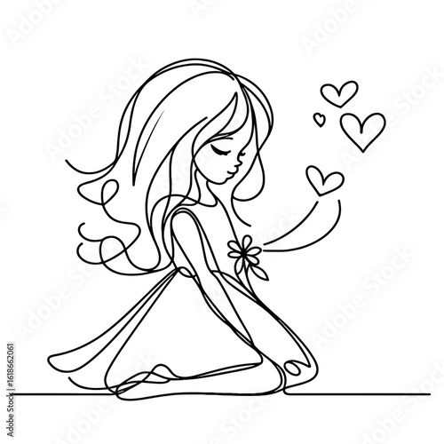 Dreamy little girl with flying hearts around outline drawing, vector, black line drawing, minimalistic, single line, simple line, isolated, transparent background