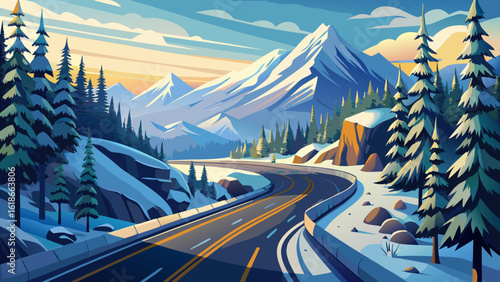 Travelling the Island Highway in winter; Vancouver Island, British Columbia, Canada reveals snow-dusted trees and winding roads. Semi-realistic vector style captures cold light, mountain curves, and s
