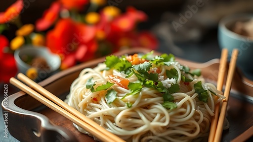 Steaming Pho noodles with fresh herbs on lacquer tray, representing Vietnam's inviting National Day cuisine.
