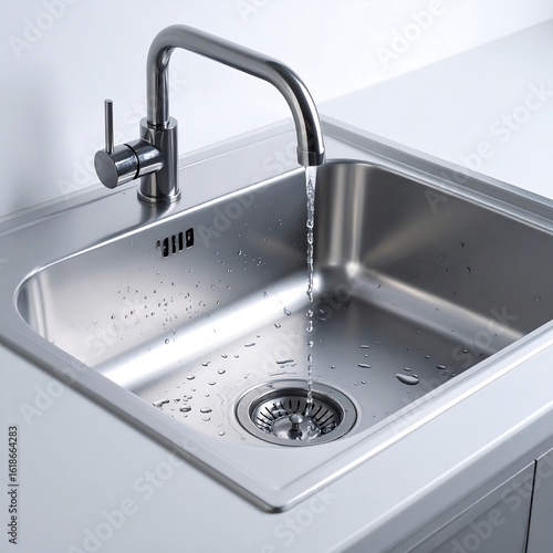 Stainless steel kitchen sink with running water