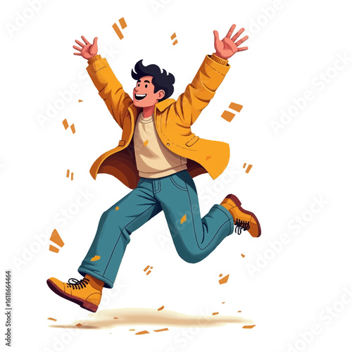 Happy man jumping for joy vector illustration Colorful flat design character of a young boy showing excitement success or freedom