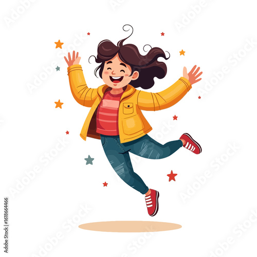 Happy girl jumping for joy vector illustration Colorful cartoon child character with stars showing excitement celebration or fun