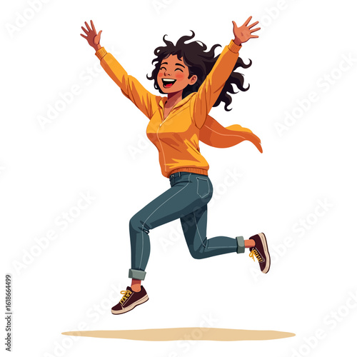 Happy woman running and jumping for joy vector illustration Colorful cartoon character showing excitement freedom or positive emotion