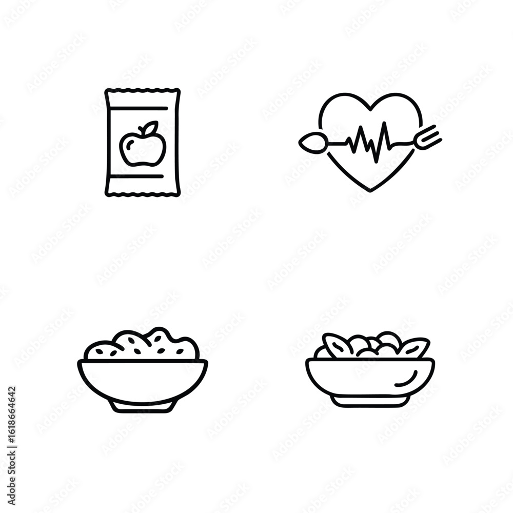 Four line icons for nutrition healthy eating apple packet Four line icons for nutrition healthy eating apple packet