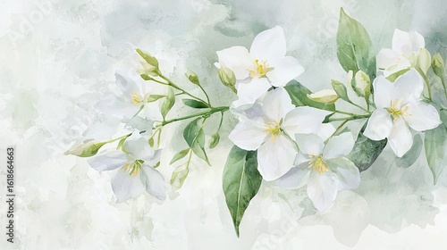 watercolor illustration, White Jasmine, Clear textures with no depth of field, soft pastel tones, clean grey background, sharp edges, vivid colors, subtle 