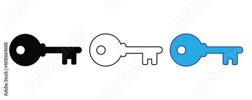 key icon set vector on white background. lock, security, access, unlocking, opportunity, solution, vintage, classic, design, black and white, monochrome, blue, outline, symbol.