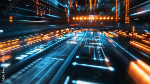 Digital Highway: Abstract digital landscape showcases a high-tech, data-driven environment with a vibrant mix of neon blue and orange lights, symbolizing the rapid flow of information