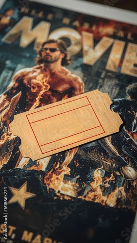 Torn movie ticket stub on movie poster with action hero background  