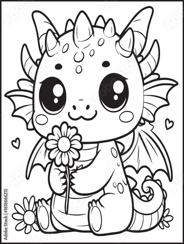 Animal-themed printable coloring page: Dragon coloring page for kids and adults: Dragon smelling a flower