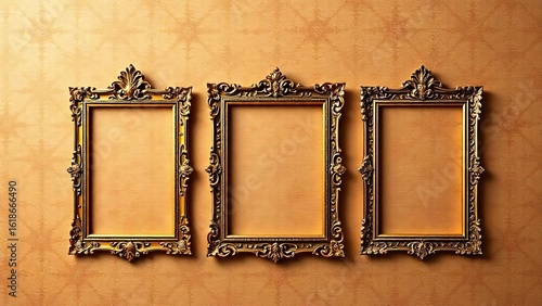 3 different ornate, antique golden wooden picture frames with an empty, vintage border design perfect for wall art decoration