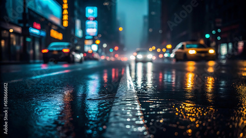 Rainy city street at night with neon lights and reflections