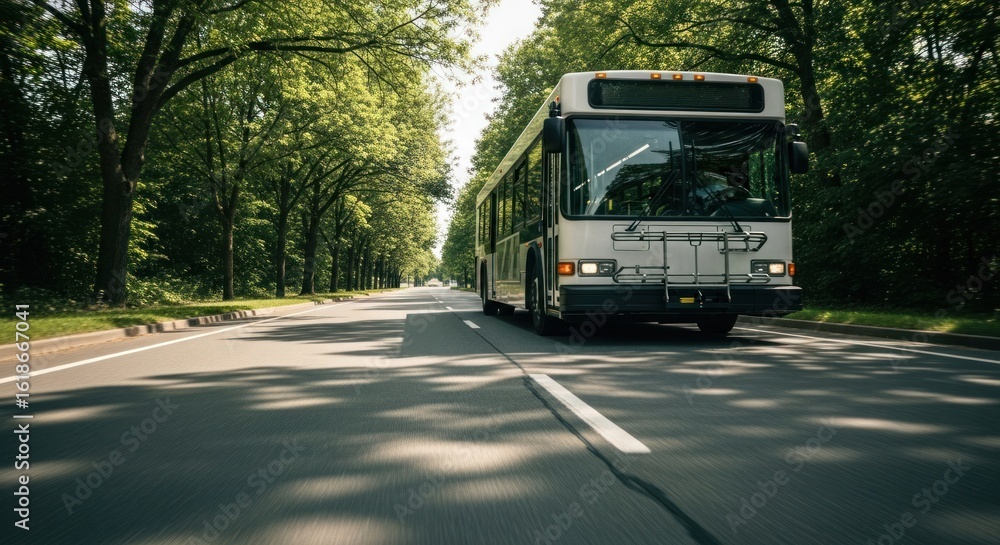 Fototapeta premium White city bus on a sunny road lined with trees