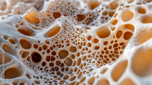A close-up examination reveals the fascinating texture of spongy bone, showcasing its porous architecture essential for structural support in skeletal biology