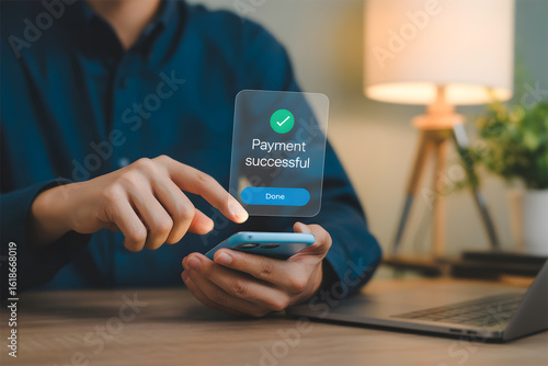 Fintech concept. User completing a secure mobile payment with a 'Payment successful' notification.