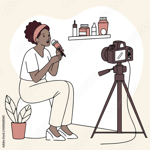 Cartoon woman using a camera setup while sitting on a chair in a cozy, creative photography space